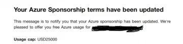 Azure スポンサーシップ $25,000 クレジット提供
