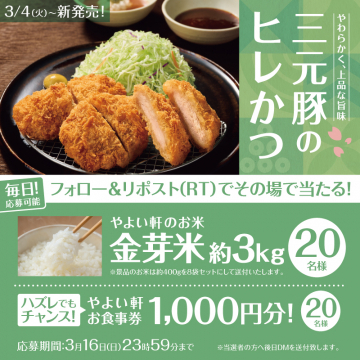 やよい軒 三元豚のヒレかつ 新発売記念プレゼントキャンペーン