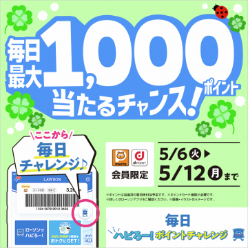 ローソンアプリ会員限定 ハピろー！ポイントチャレンジ（毎日最大1,000ポイントが当たる）