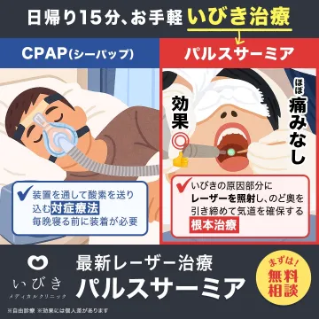 日帰り15分のいびき根本治療「パルスサーミア」レーザー治療