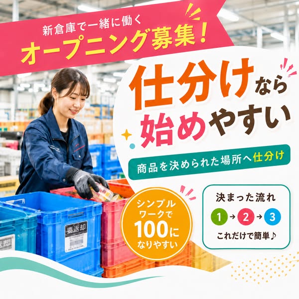 新倉庫オープニングの仕分けスタッフ募集のバナー