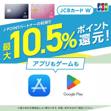 JCBカードWのJ-POINTパートナー利用で最大10.5%ポイント還元キャンペーン