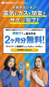 関西電力 電気・ガス契約 関電ガス2ヶ月無料キャンペーン