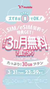 Y!mobile SIM/eSIM 3か月無料キャンペーン