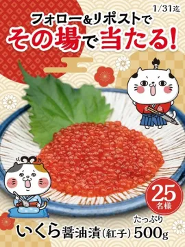 いくら醤油漬（紅子）500gプレゼントキャンペーンフォロー＆リポストで、その場で当たるいくら醤油漬（紅子）500gが抽選で25名に当たるキャンペーン。