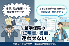留学生向け保険の必要書類を示すバナー設計