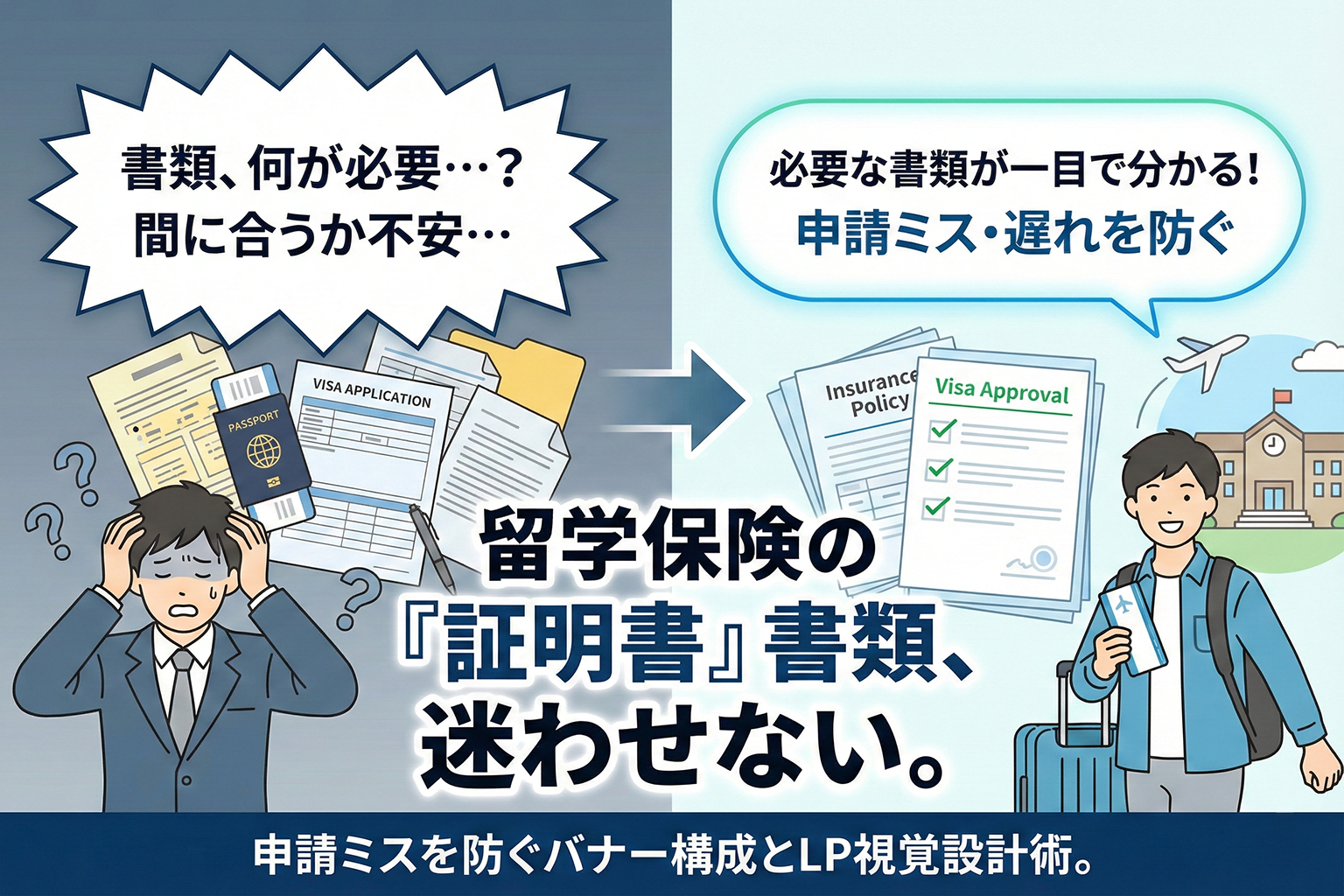 留学生向け保険の必要書類を示すバナー設計