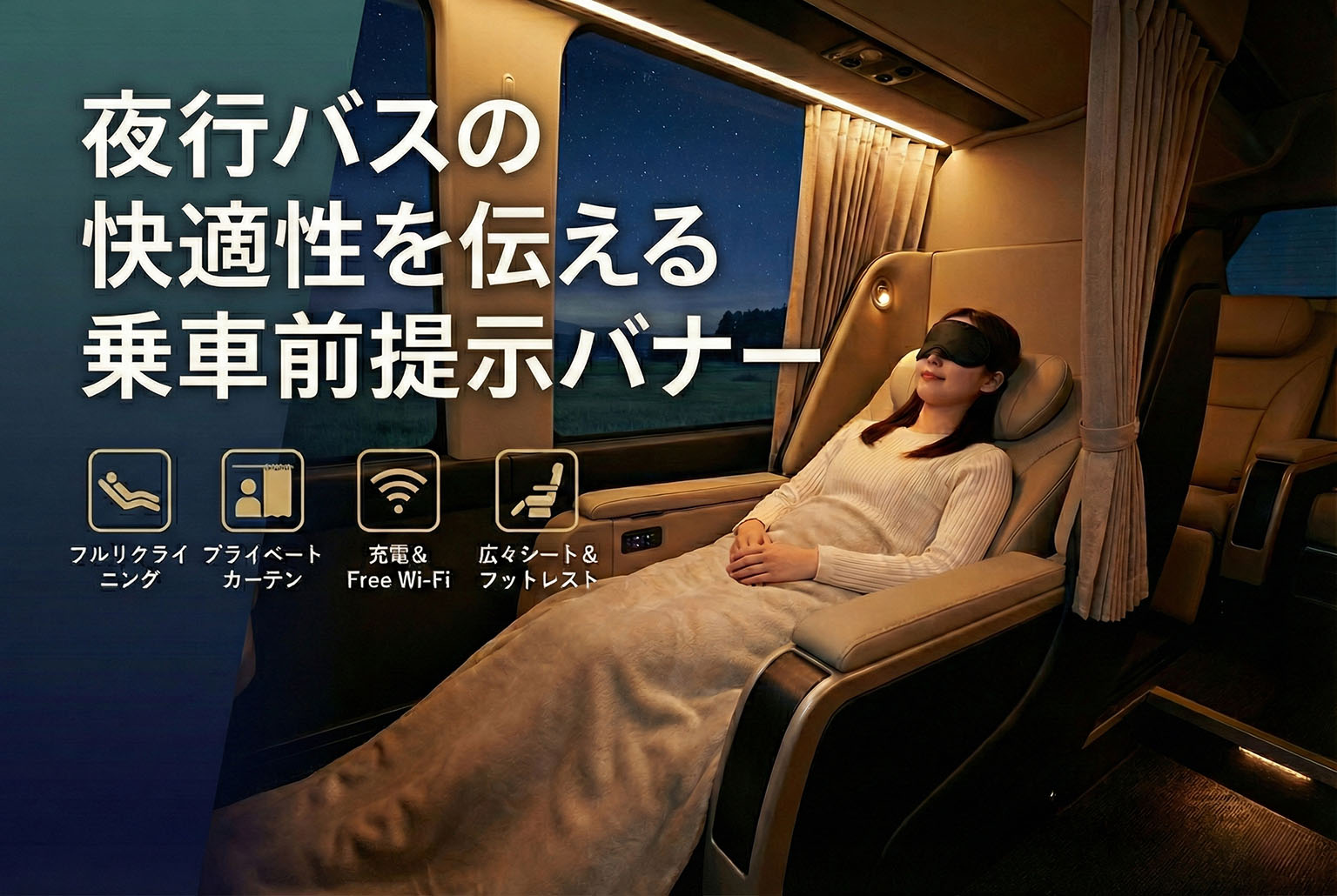 夜行バスの快適性を伝える乗車前提示バナー