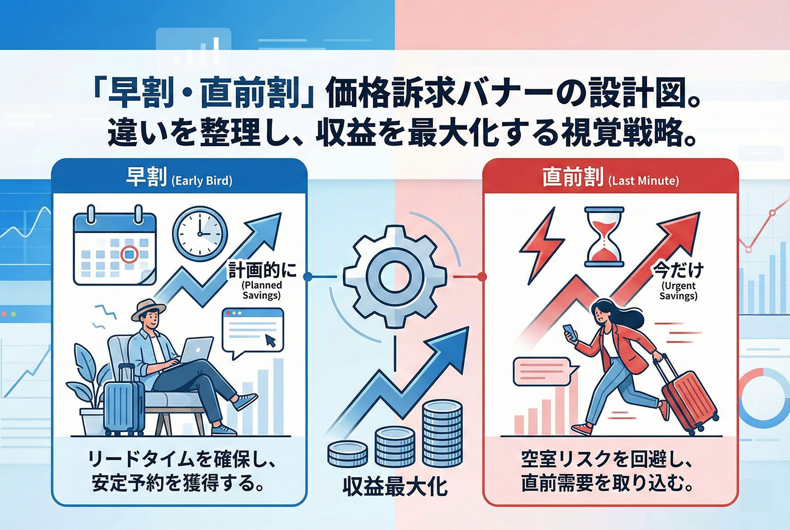早割・直前割の違いを整理する価格訴求バナー