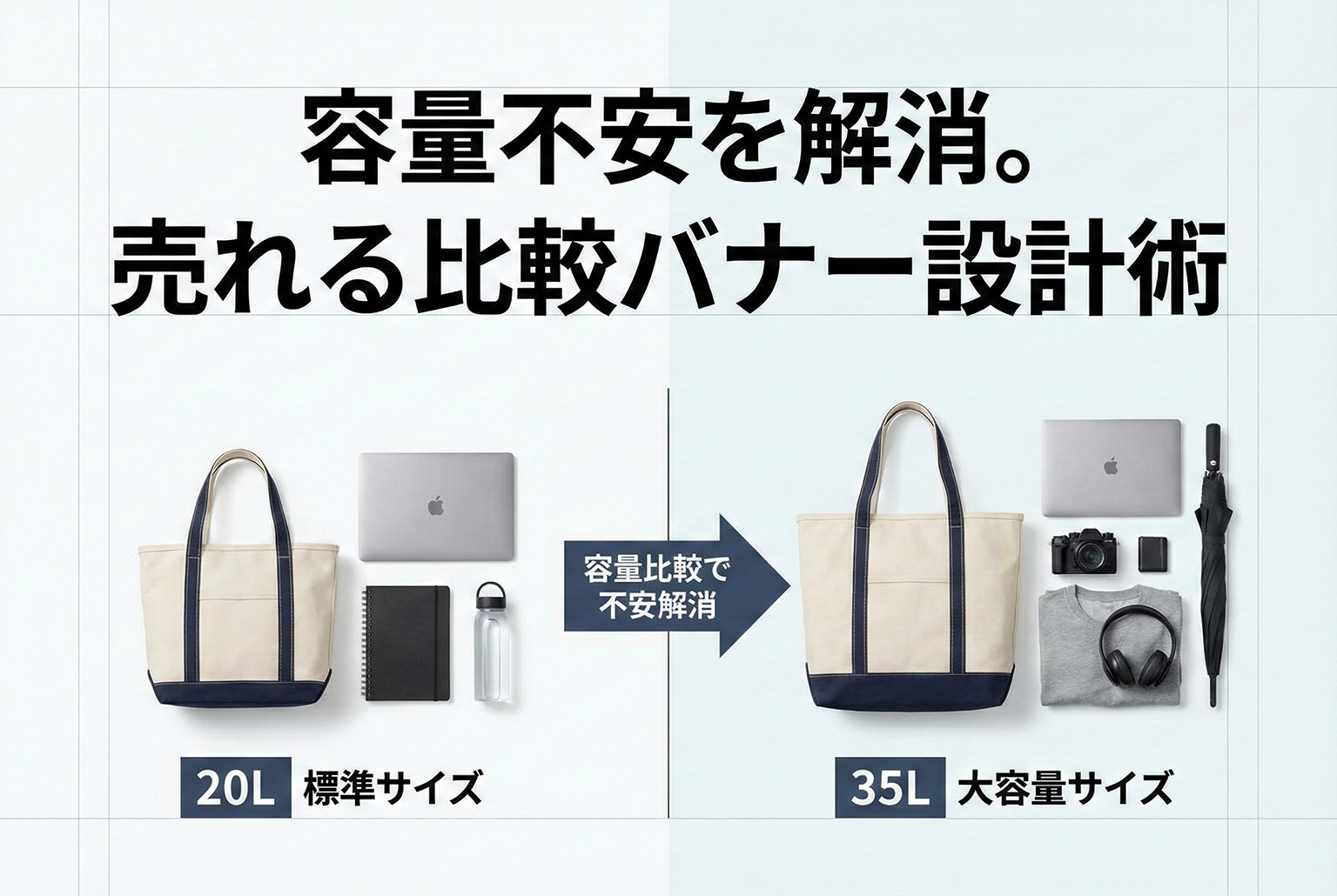 バッグの容量比較をわかりやすく示すバナー