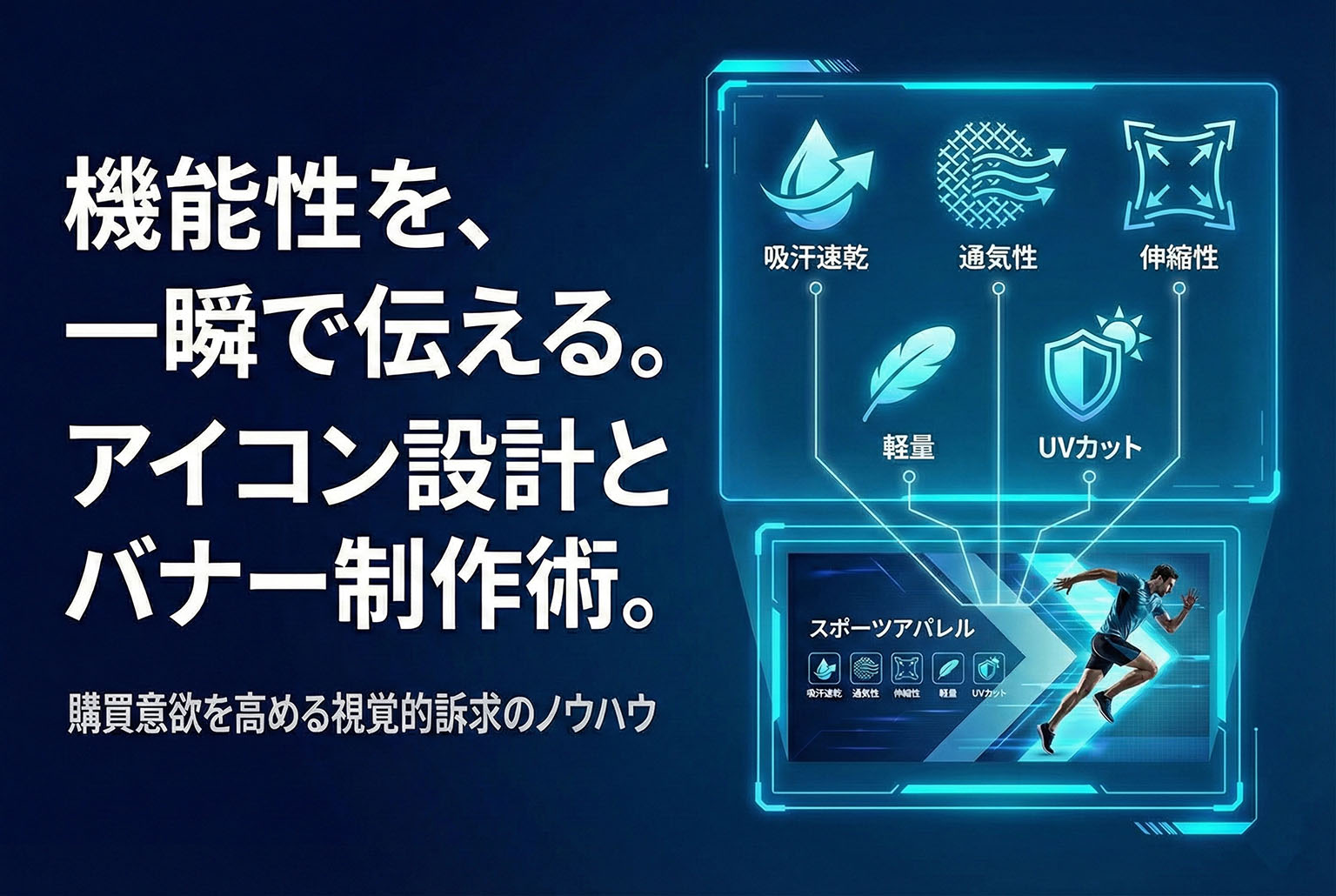 スポーツウェアの機能性を伝えるアイコン設計バナー