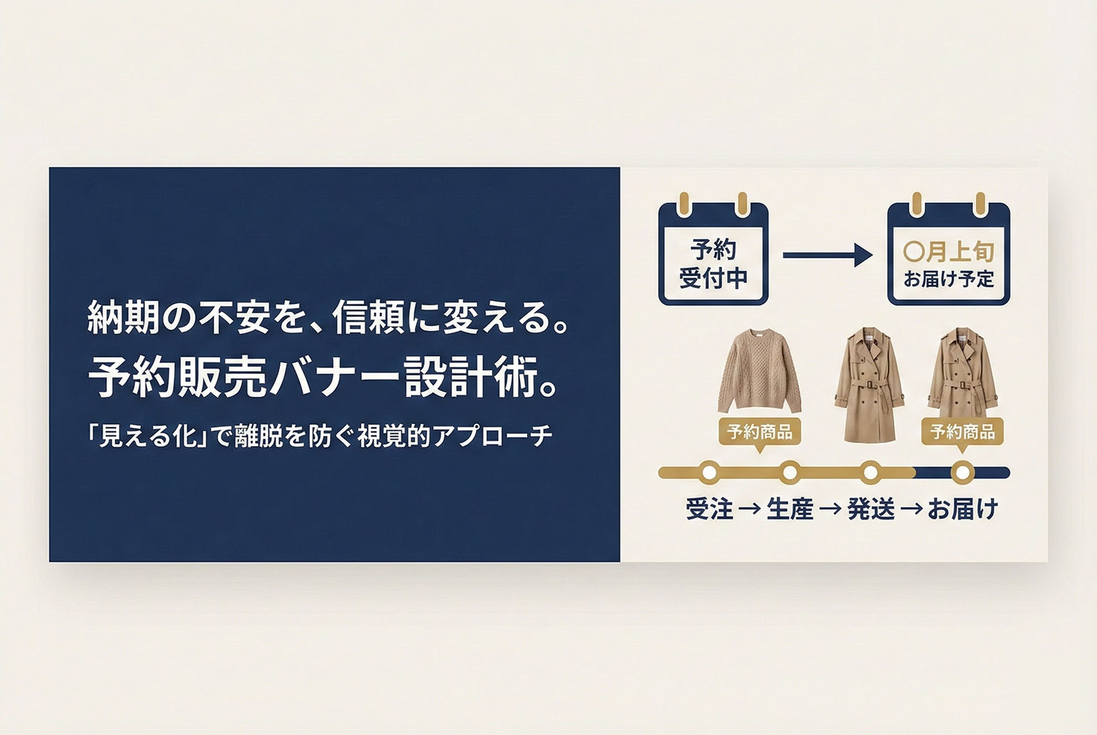 予約販売の納期を明確化するアパレル案内バナー