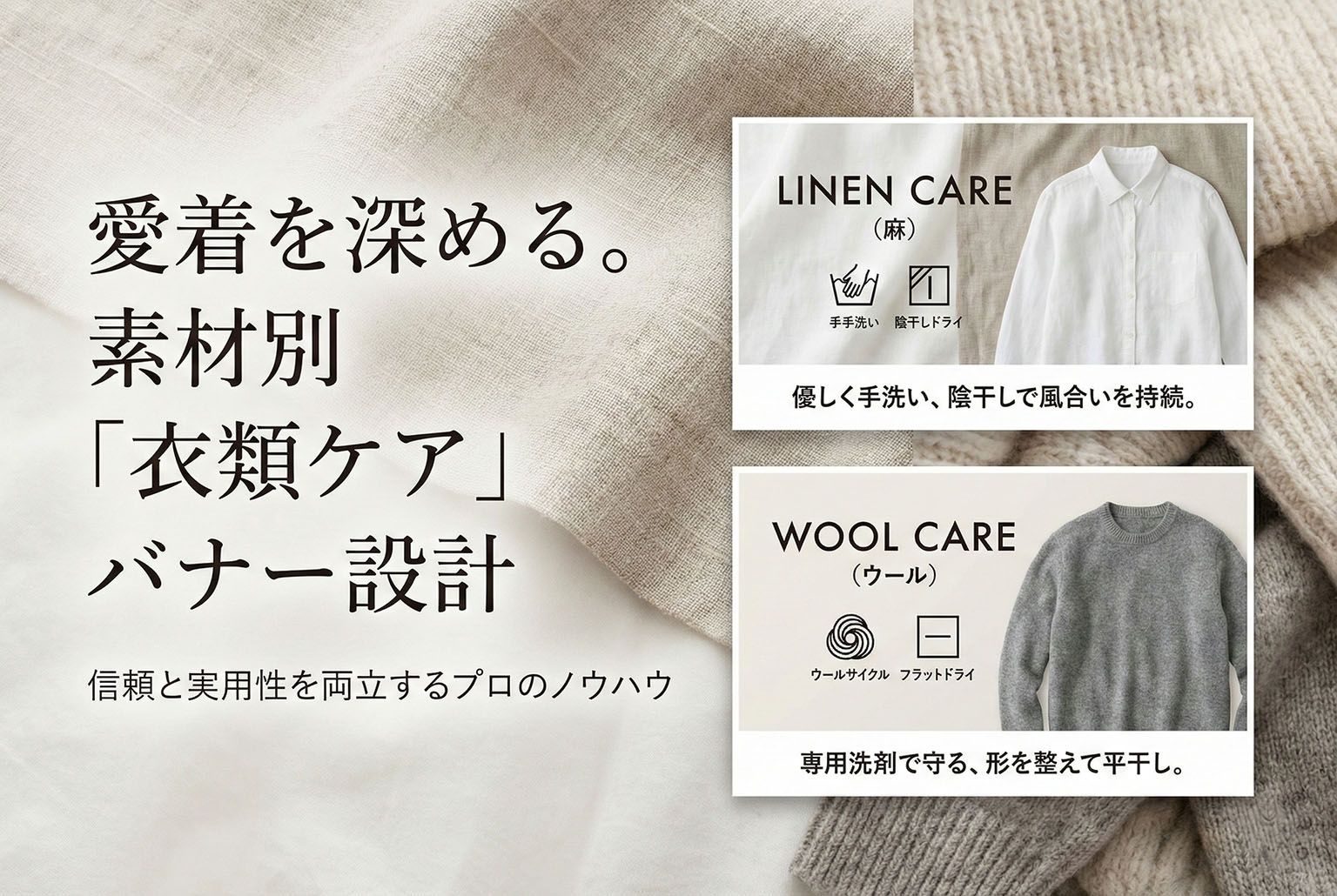 素材別（麻・ウール等）ケア方法を示すバナー