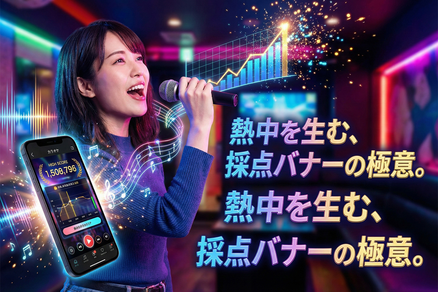 カラオケアプリの採点機能を見せる魅力訴求バナー