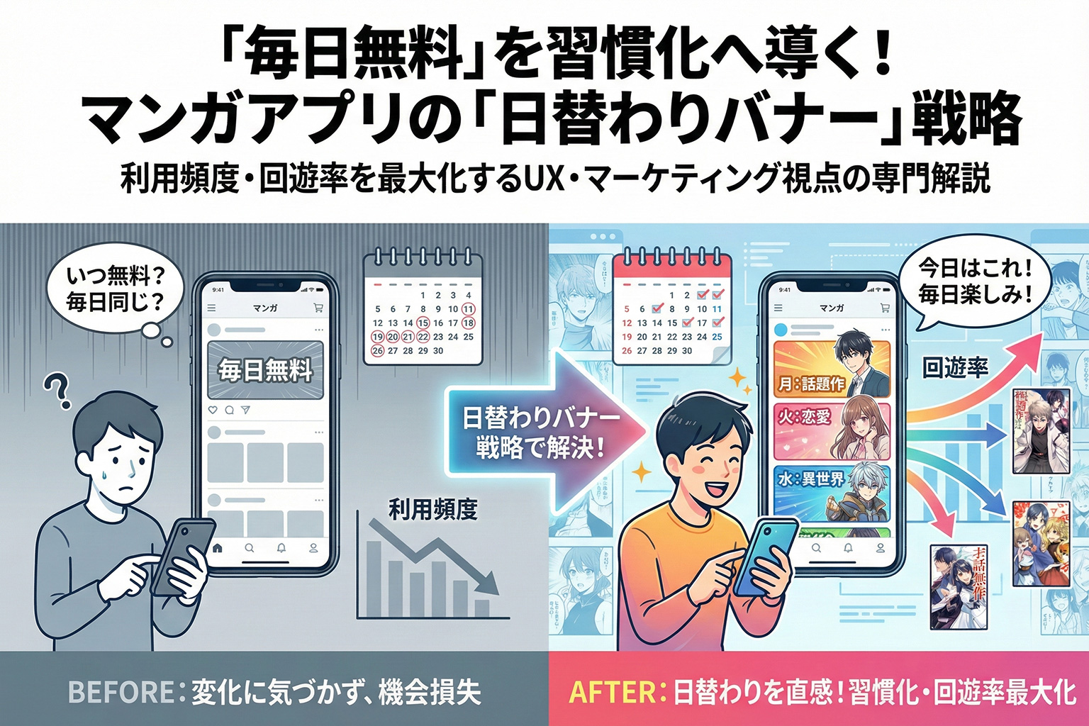 マンガアプリの毎日無料施策を伝える日替わりバナー