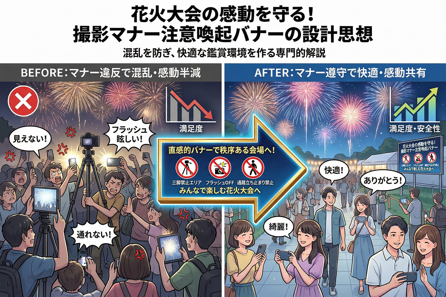 花火大会の撮影マナーを伝える注意喚起バナー