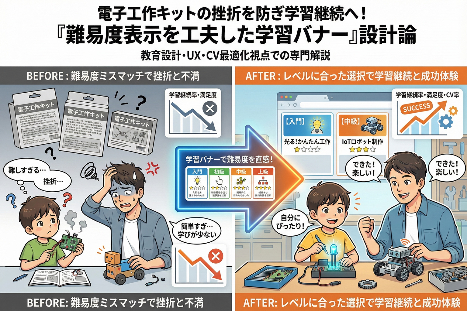 電子工作キットの難易度表示を工夫する学習バナー
