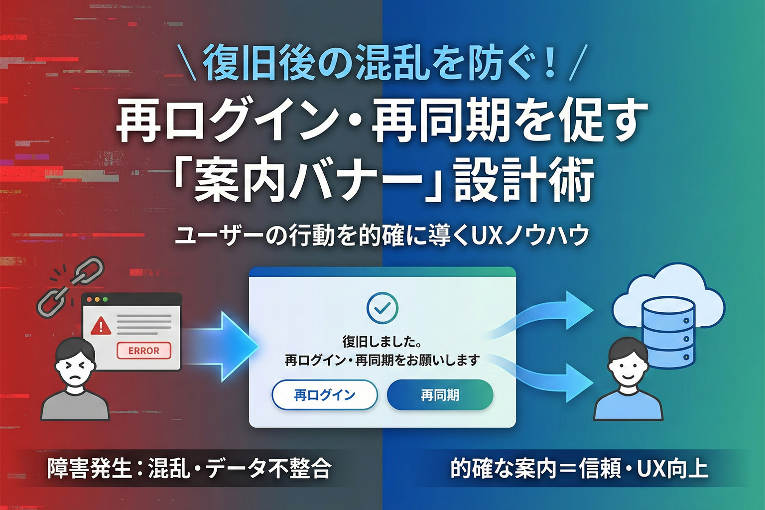 障害復旧後の再ログイン・再同期を促す案内バナー