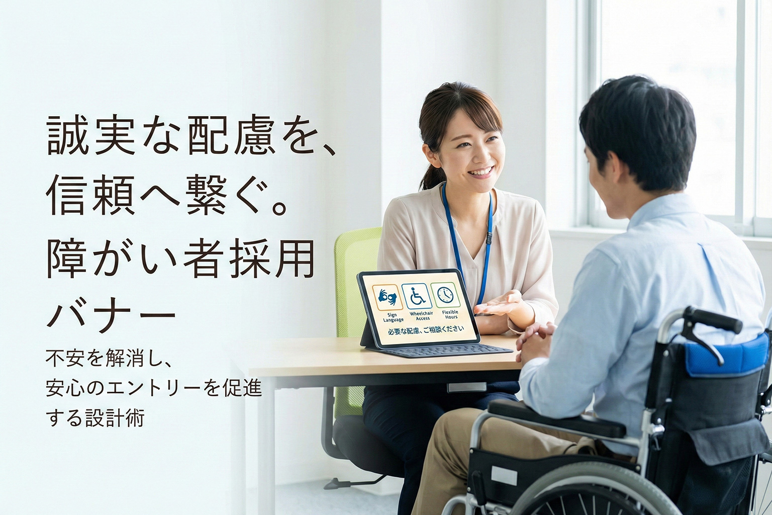 障がい者採用の配慮事項を丁寧に伝える案内バナー