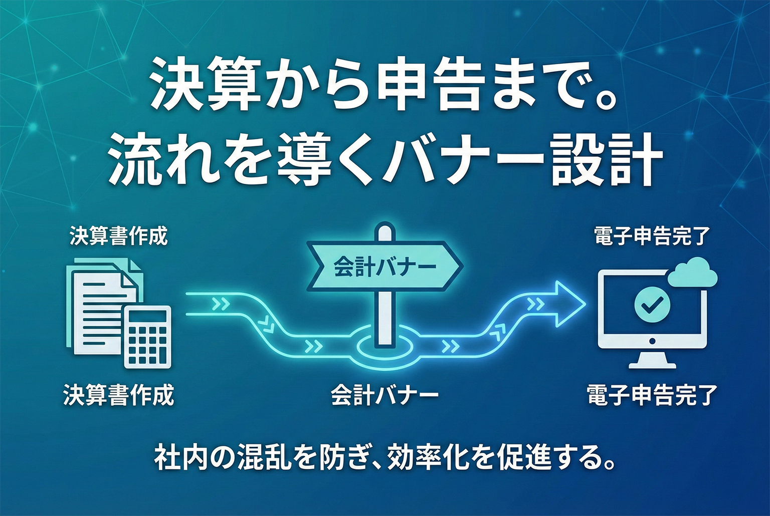 決算書作成・電子申告の流れを示す会計バナー