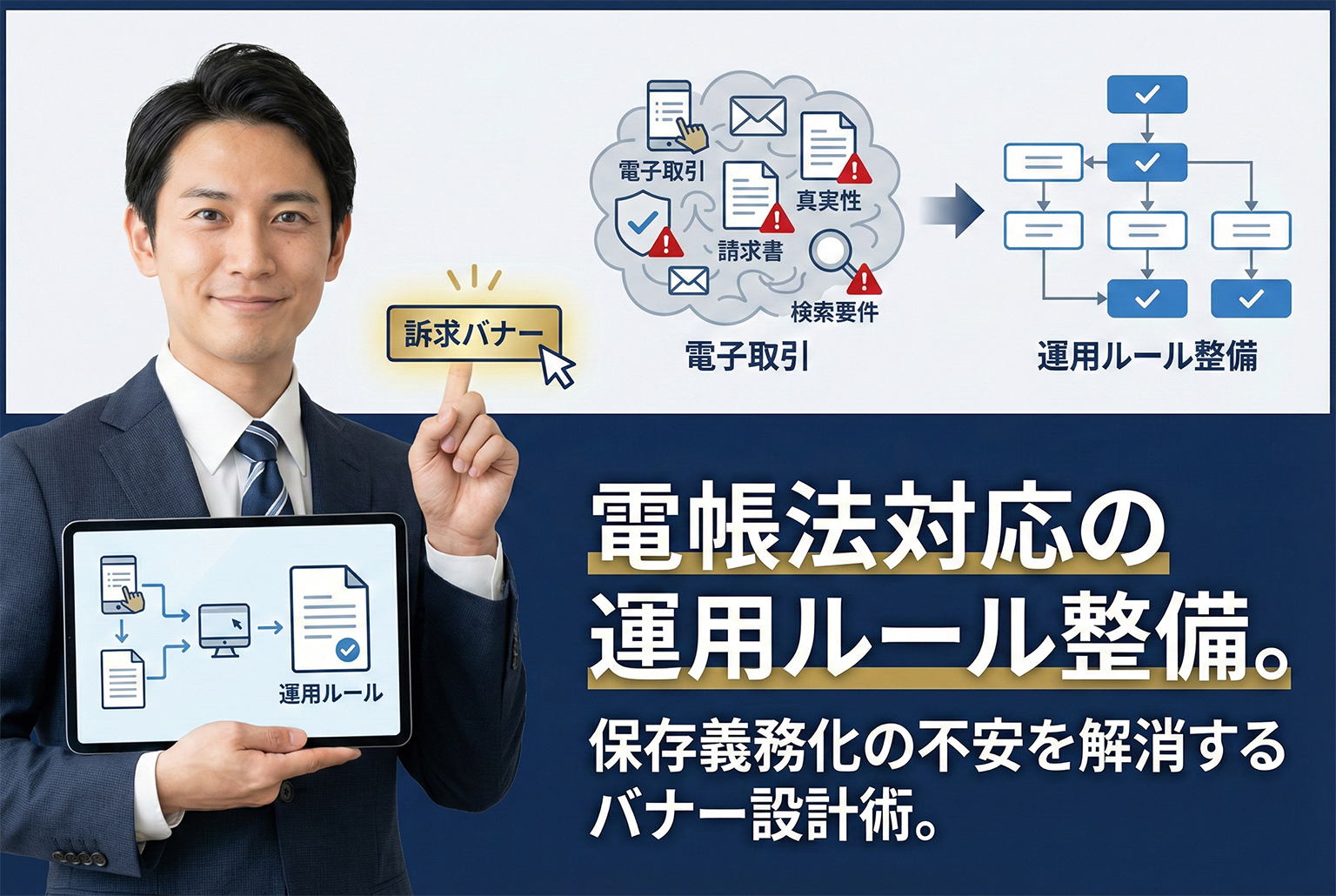 電子帳簿保存法対応の運用ルール案内バナー