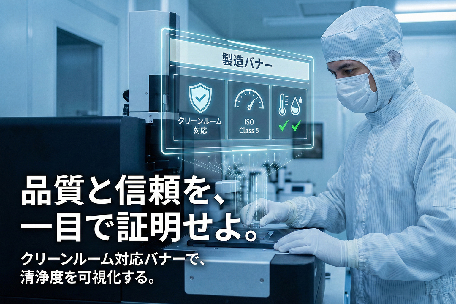 クリーンルーム対応の可否を明確化する製造バナー