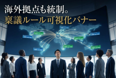 グローバル子会社管理の稟議ルールを示す本社バナー