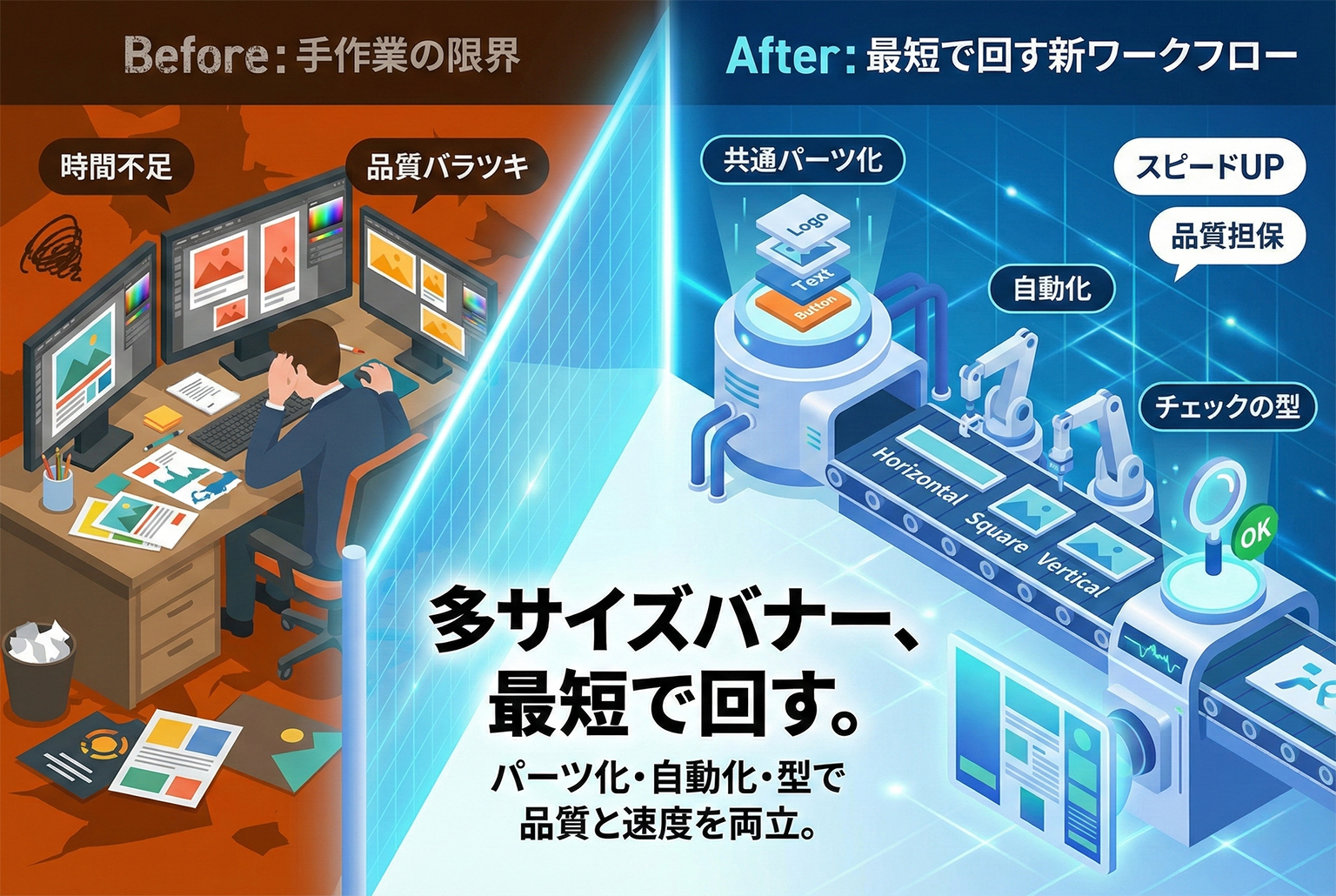 多サイズバナーを最短で回す：共通パーツ化・自動化・チェックの型